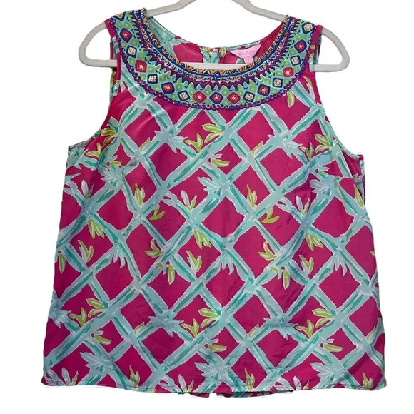 Lilly Pulitzer Womens L Silk Magenta Sleeveless Gold Accent Back Buttons - Picture 1 of 11